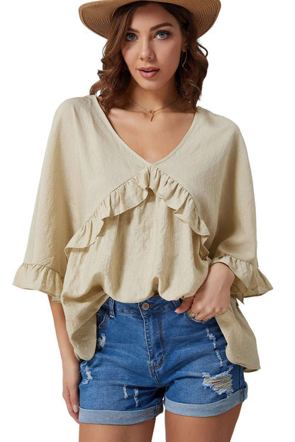 Ruffled V - Neck Half Sleeve Blouse - VILLA FASHION