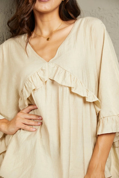 Ruffled V - Neck Half Sleeve Blouse - VILLA FASHION
