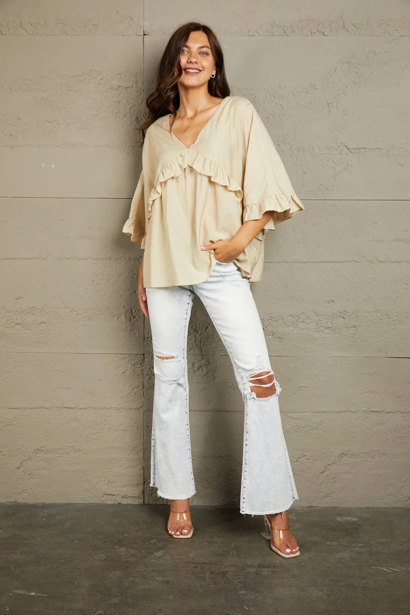 Ruffled V - Neck Half Sleeve Blouse - VILLA FASHION