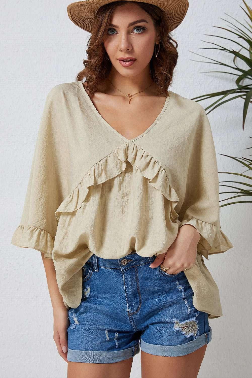 Ruffled V - Neck Half Sleeve Blouse - VILLA FASHION