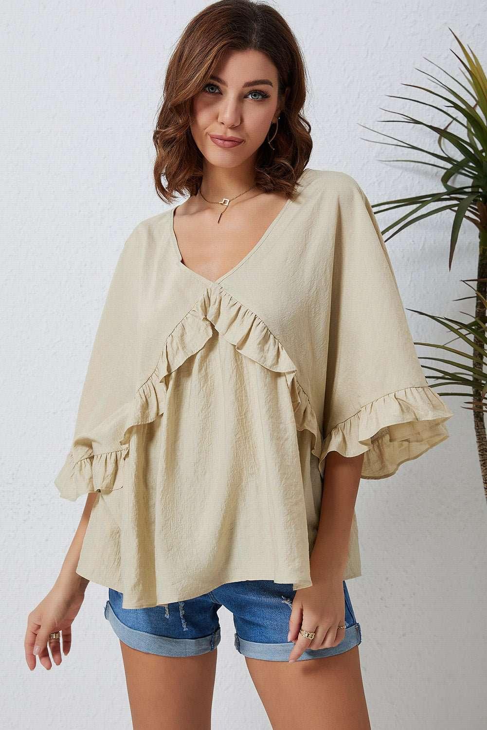 Ruffled V - Neck Half Sleeve Blouse - VILLA FASHION