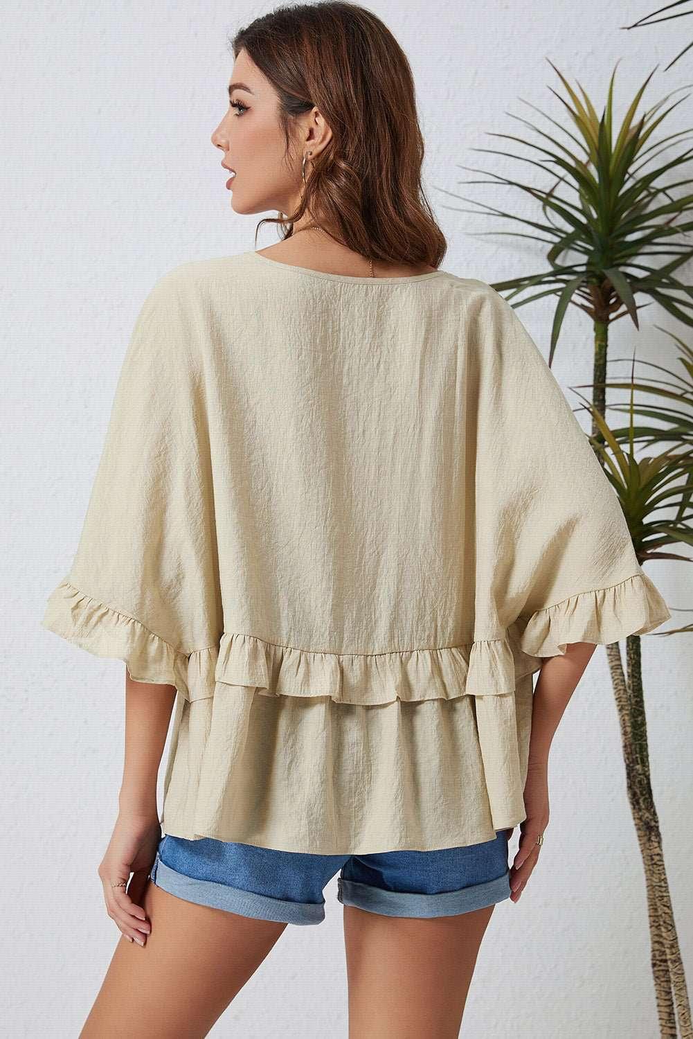 Ruffled V - Neck Half Sleeve Blouse - VILLA FASHION