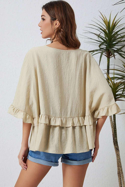 Ruffled V - Neck Half Sleeve Blouse - VILLA FASHION