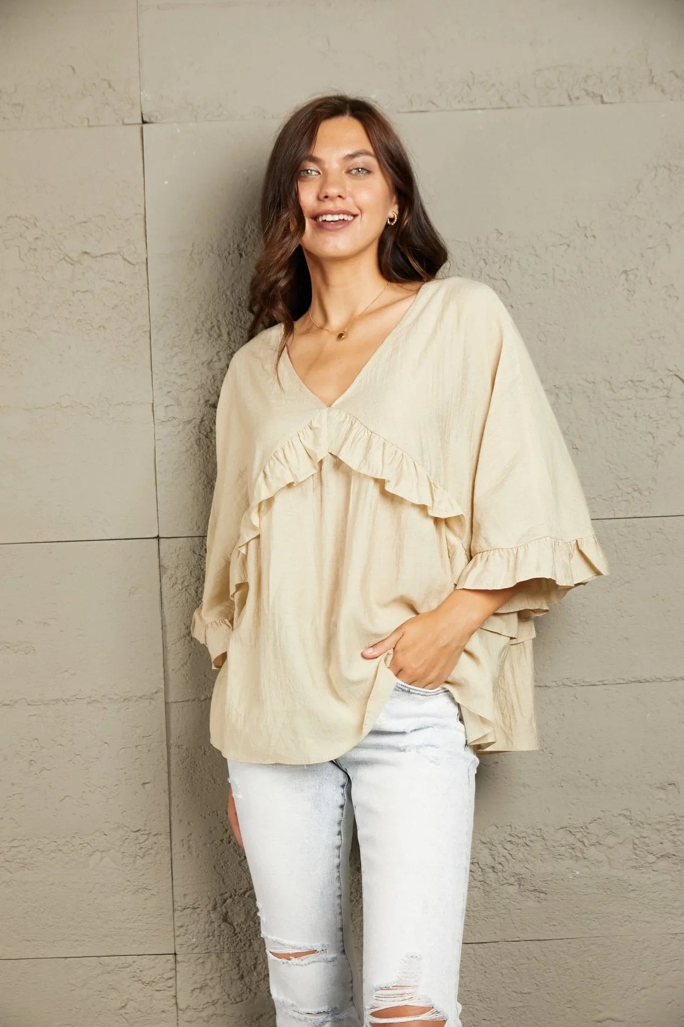 Ruffled V - Neck Half Sleeve Blouse - VILLA FASHION