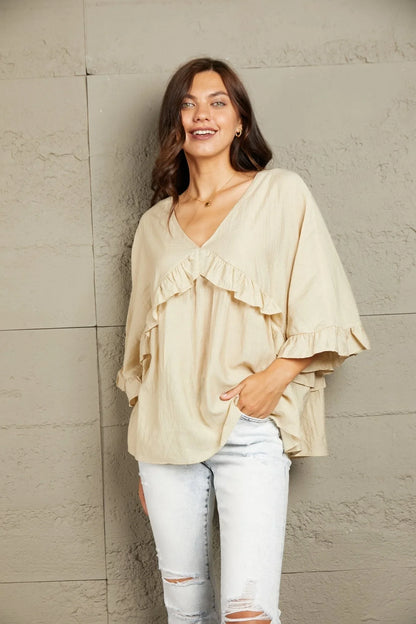 Ruffled V - Neck Half Sleeve Blouse - VILLA FASHION