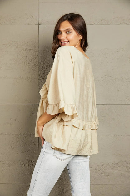 Ruffled V - Neck Half Sleeve Blouse - VILLA FASHION