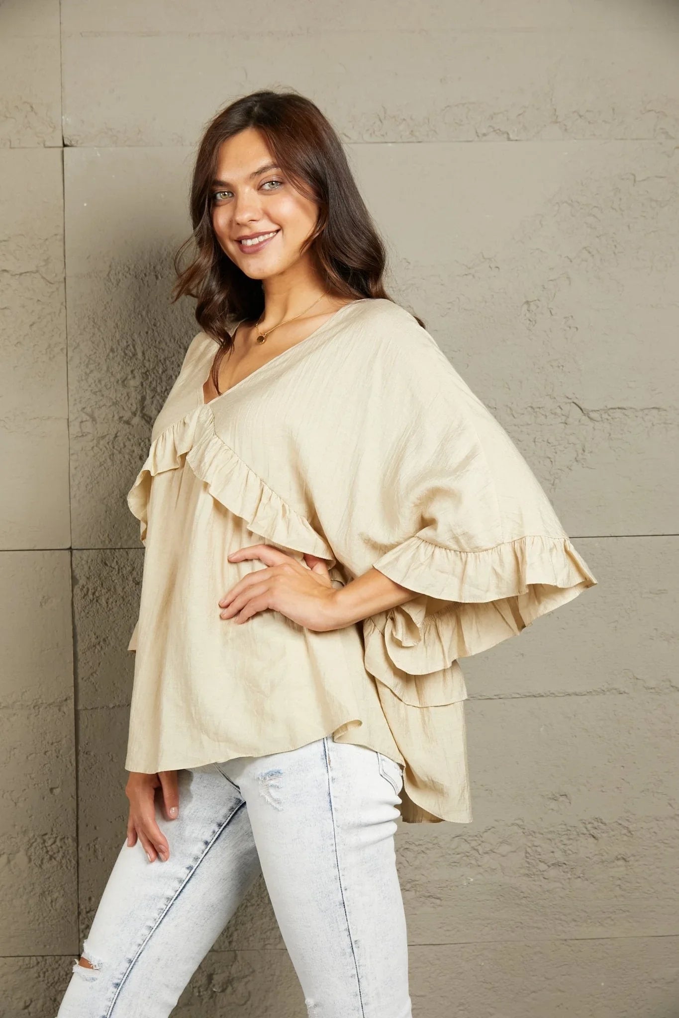 Ruffled V - Neck Half Sleeve Blouse - VILLA FASHION