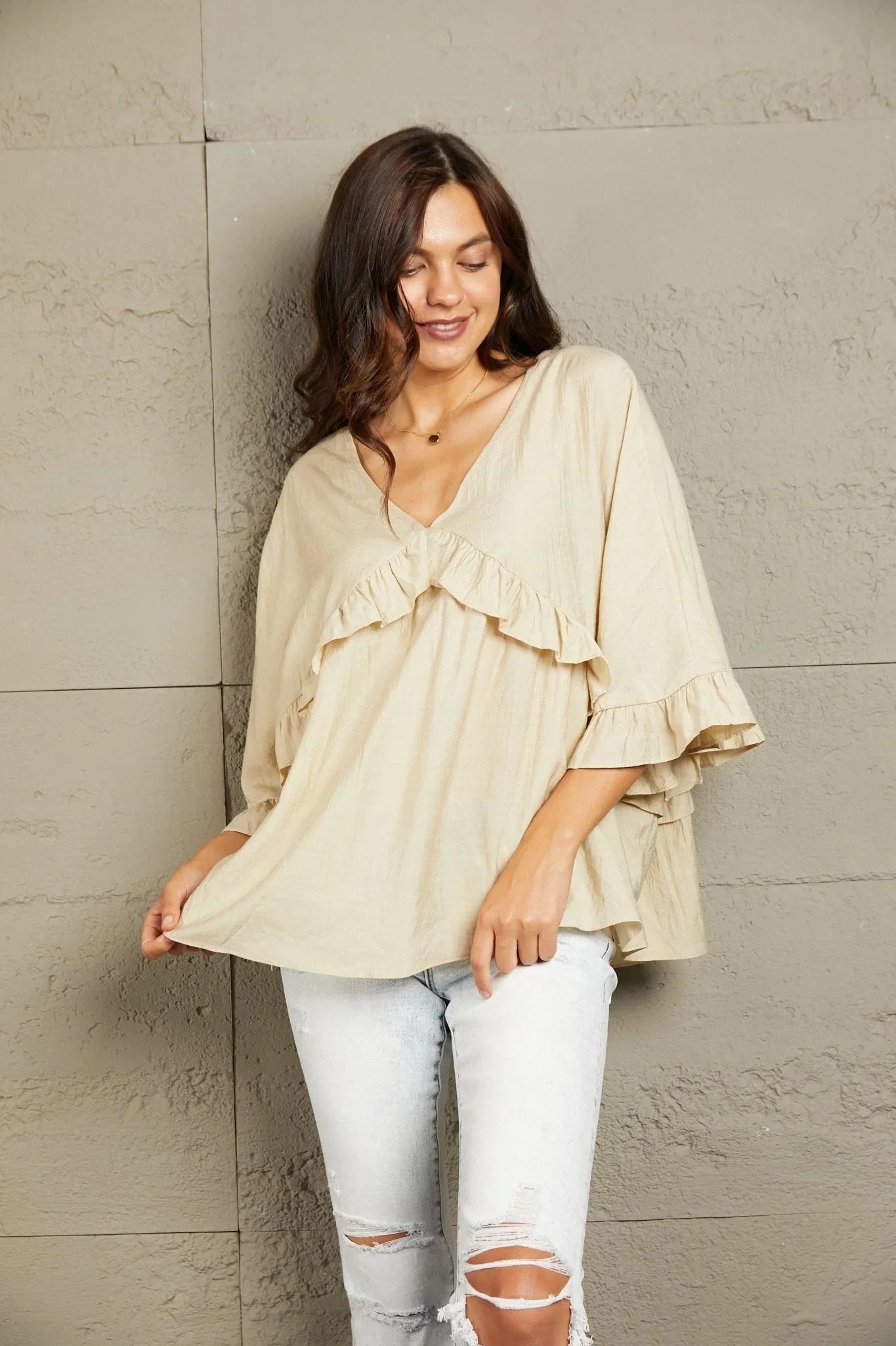 Ruffled V - Neck Half Sleeve Blouse - VILLA FASHION