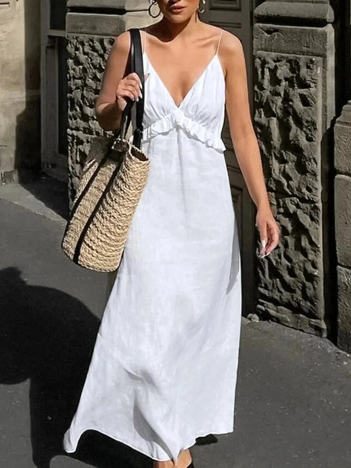 Ruffled V - Neck Maxi Dress - VILLA FASHION