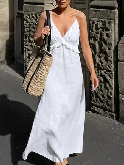 Ruffled V - Neck Maxi Dress - VILLA FASHION