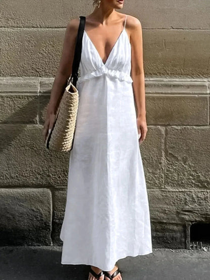 Ruffled V - Neck Maxi Dress - VILLA FASHION