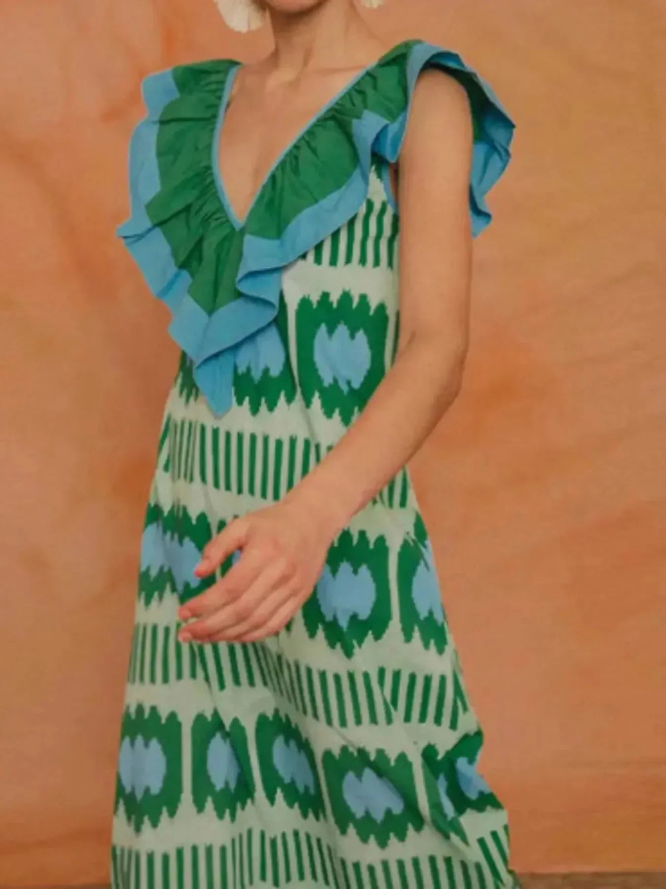 Ruffled V - Neck Printed Maxi Dress - VILLA FASHION