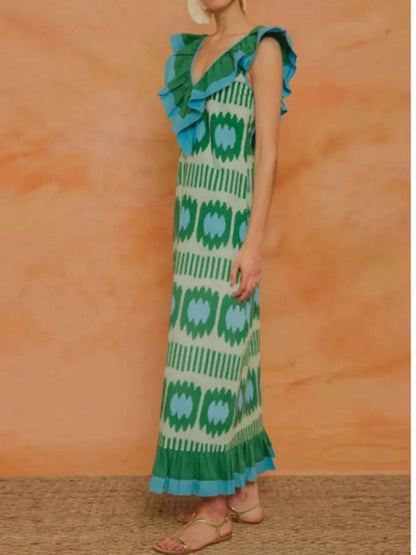 Ruffled V - Neck Printed Maxi Dress - VILLA FASHION