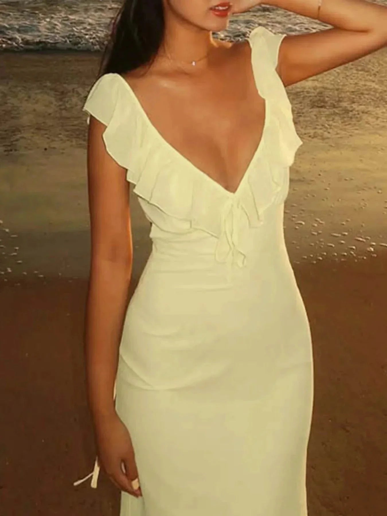 Ruffled V - Neck Sleeveless Maxi Dress - VILLA FASHION