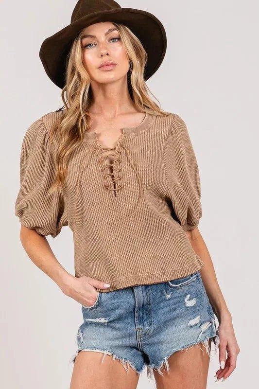 SAGE+FIG Lace - Up Waffle Knit Crop Top - VILLA FASHION