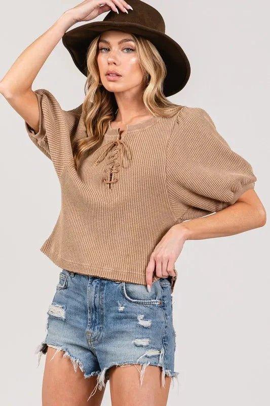 SAGE+FIG Lace - Up Waffle Knit Crop Top - VILLA FASHION