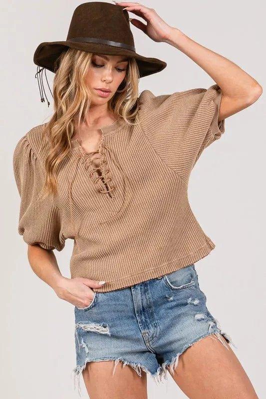 SAGE+FIG Lace - Up Waffle Knit Crop Top - VILLA FASHION