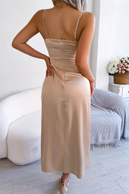 Satin Spaghetti Strap Slit Midi Dress - VILLA FASHION
