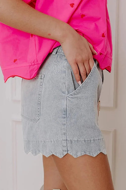 Scalloped Hem Denim Shorts - VILLA FASHION