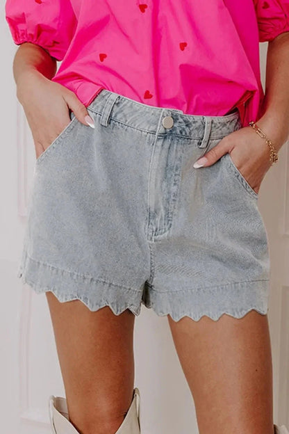 Scalloped Hem Denim Shorts - VILLA FASHION