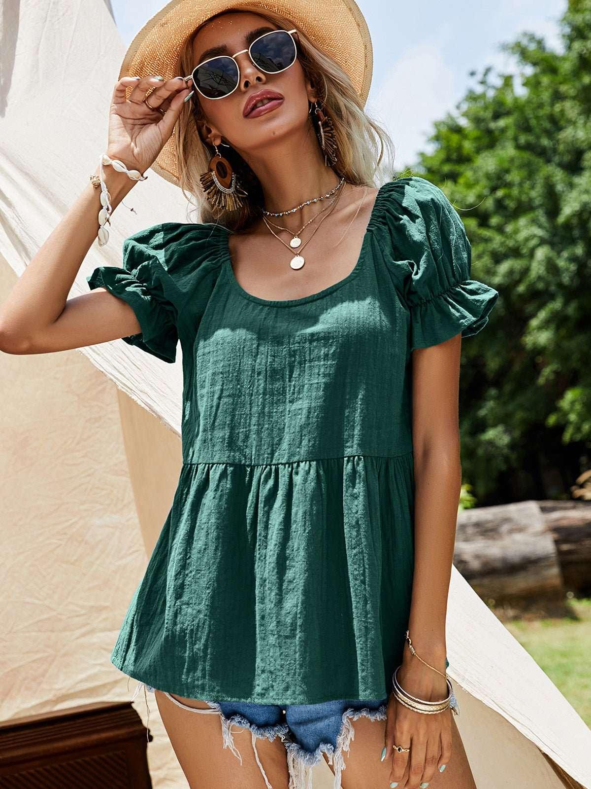 Scoop Neck Flounce Sleeve Blouse - VILLA FASHION