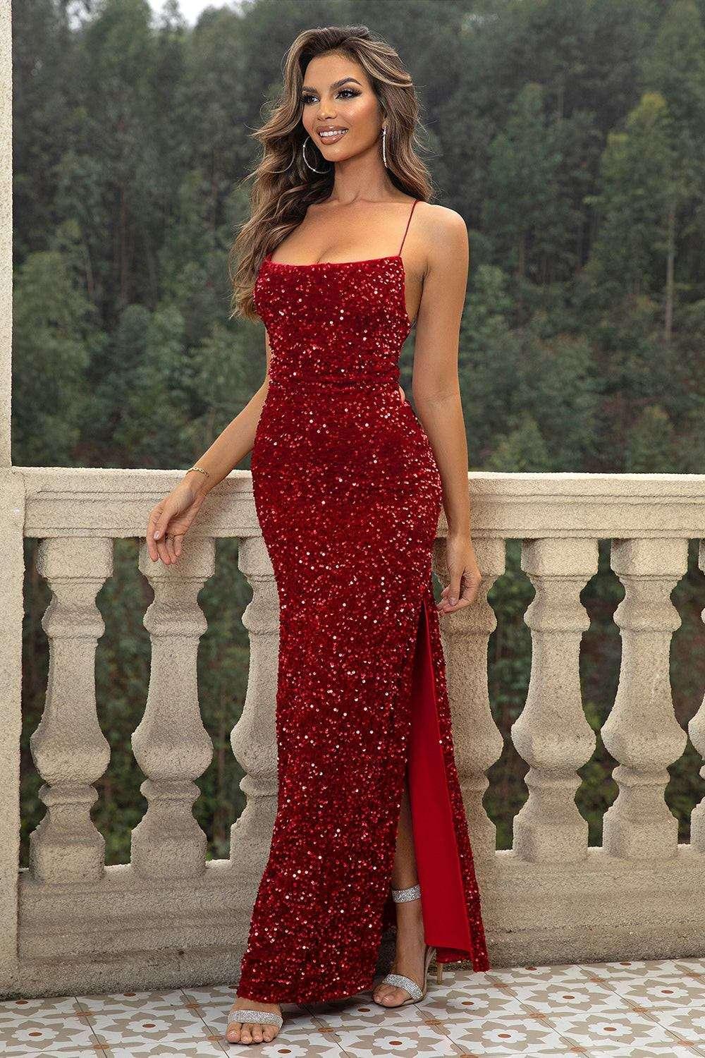 Sequin Backless Split Maxi Dress - VILLA FASHION