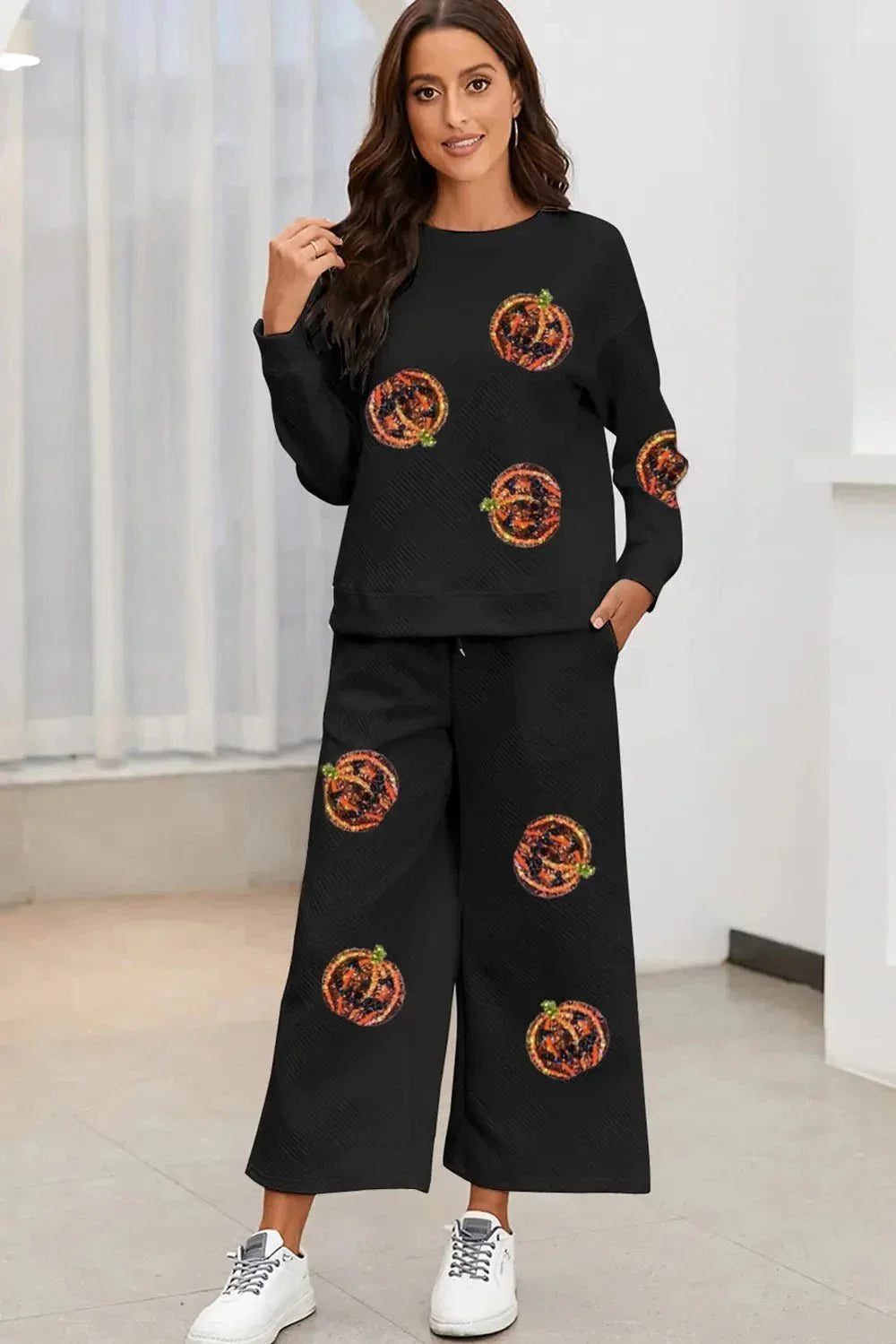 Sequin Patch Pumpkin Top and Pants Set - VILLA FASHION