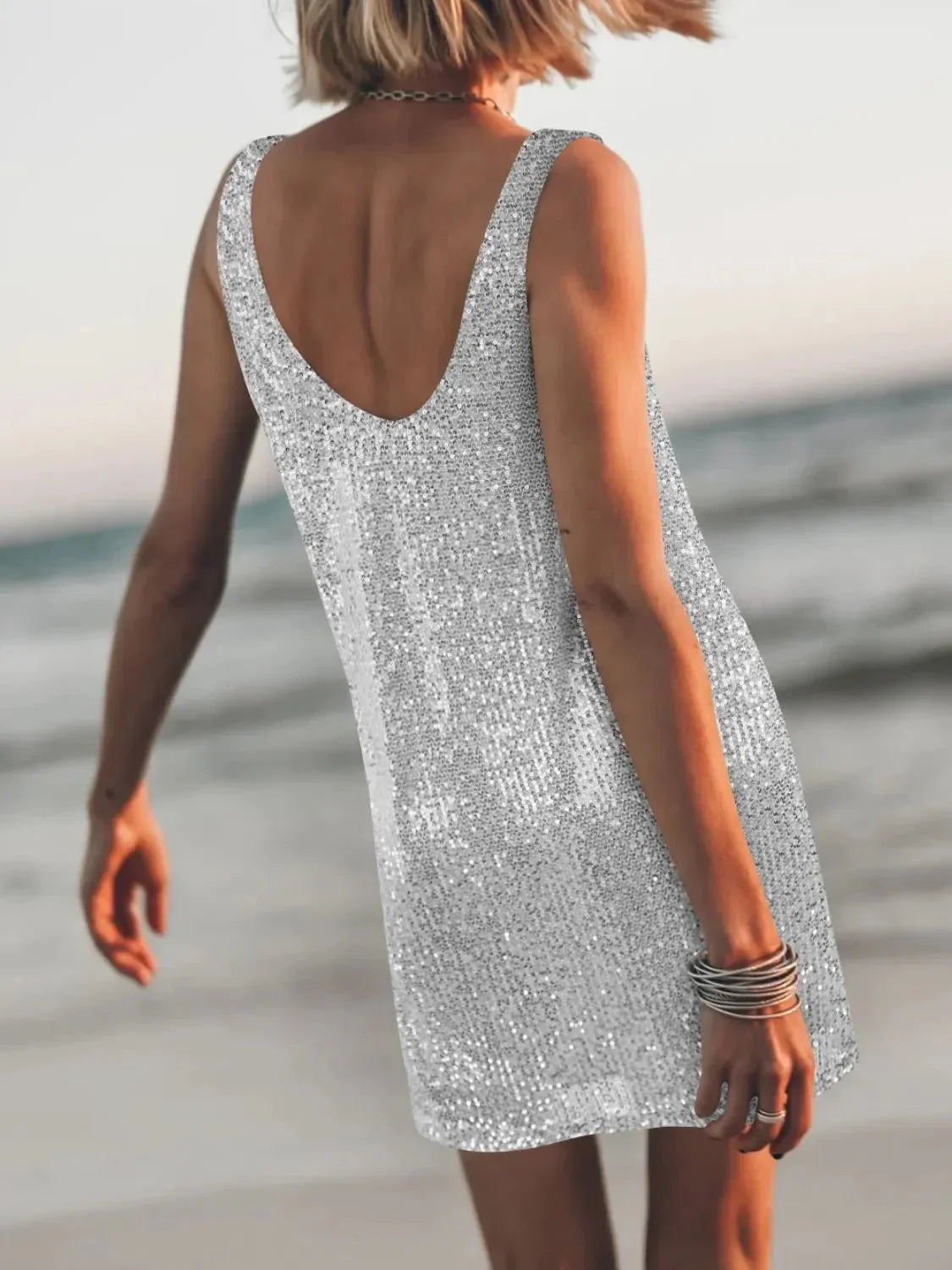 Sequin Scoop Neck Mini Dress - VILLA FASHION