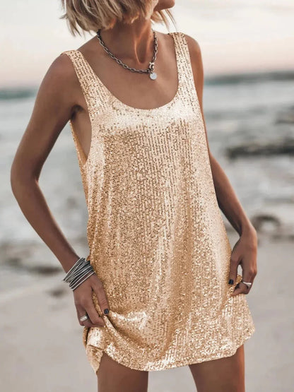 Sequin Scoop Neck Mini Dress - VILLA FASHION