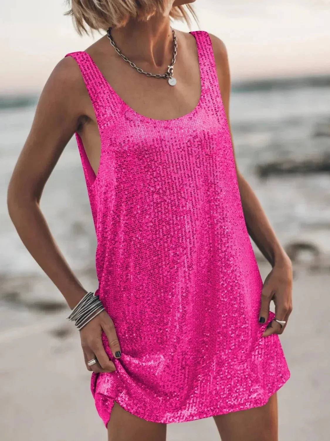 Sequin Scoop Neck Mini Dress - VILLA FASHION