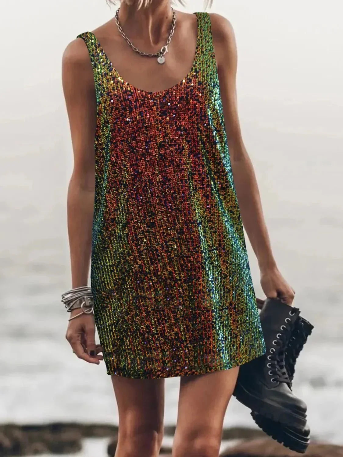 Sequin Scoop Neck Mini Dress - VILLA FASHION