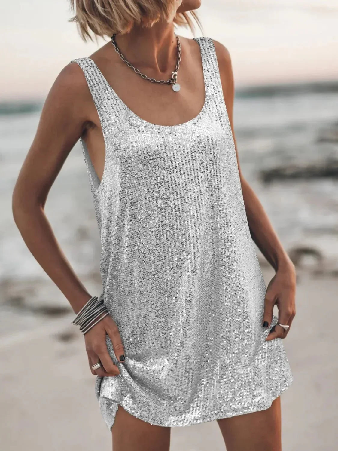 Sequin Scoop Neck Mini Dress - VILLA FASHION