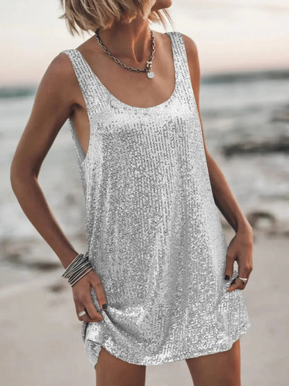 Sequin Scoop Neck Mini Dress - VILLA FASHION