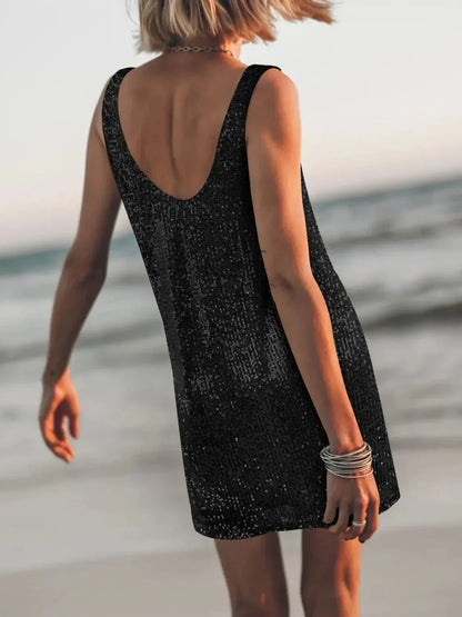 Sequin Scoop Neck Mini Dress - VILLA FASHION