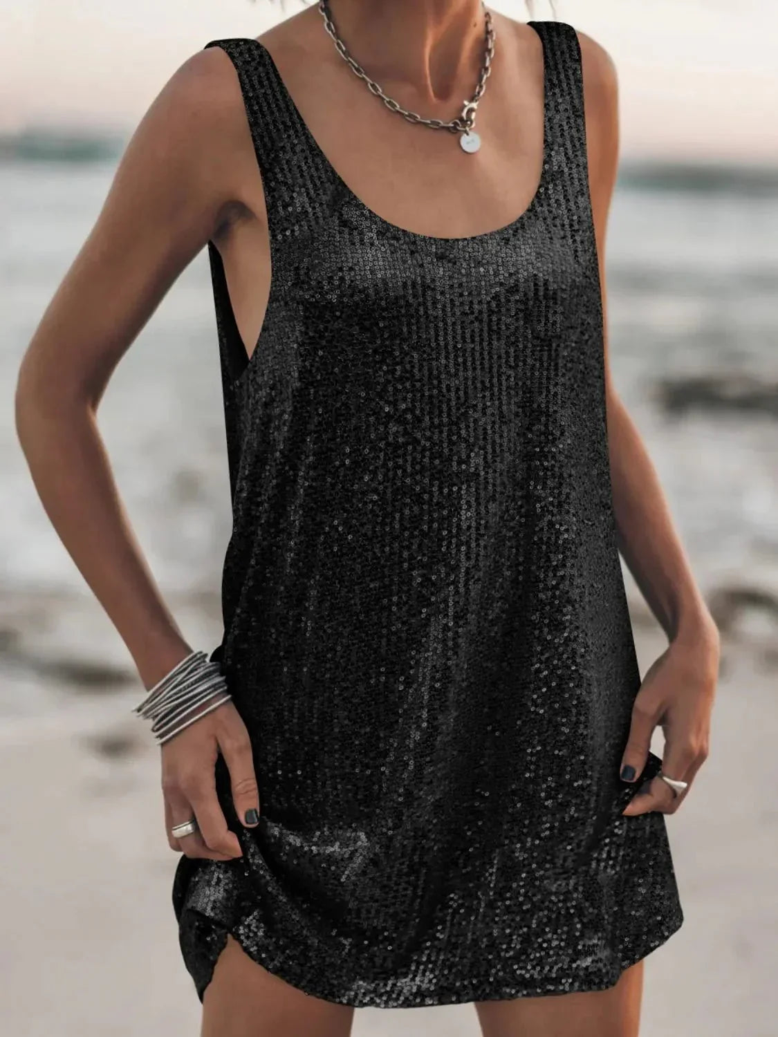 Sequin Scoop Neck Mini Dress - VILLA FASHION