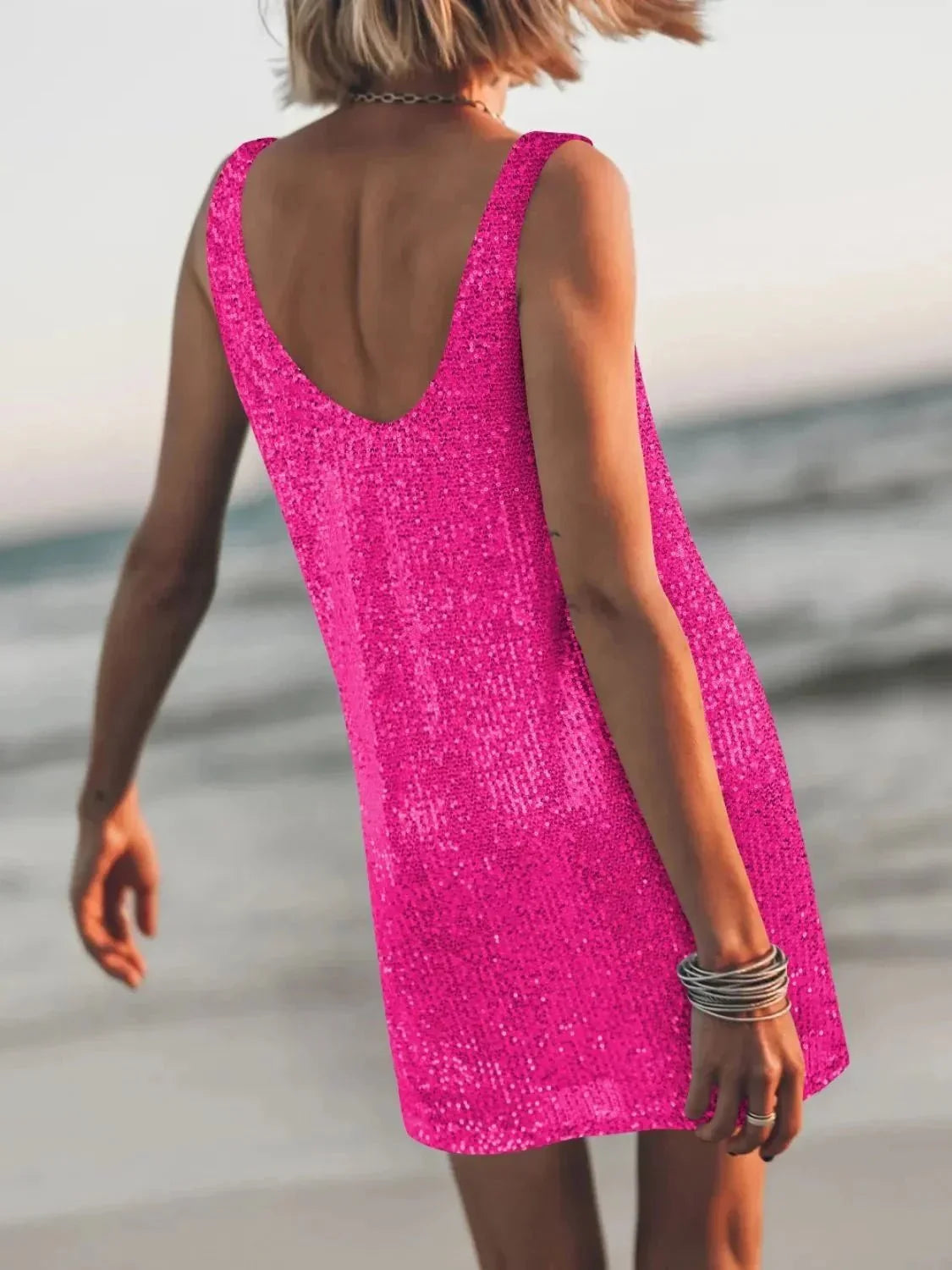 Sequin Scoop Neck Mini Dress - VILLA FASHION