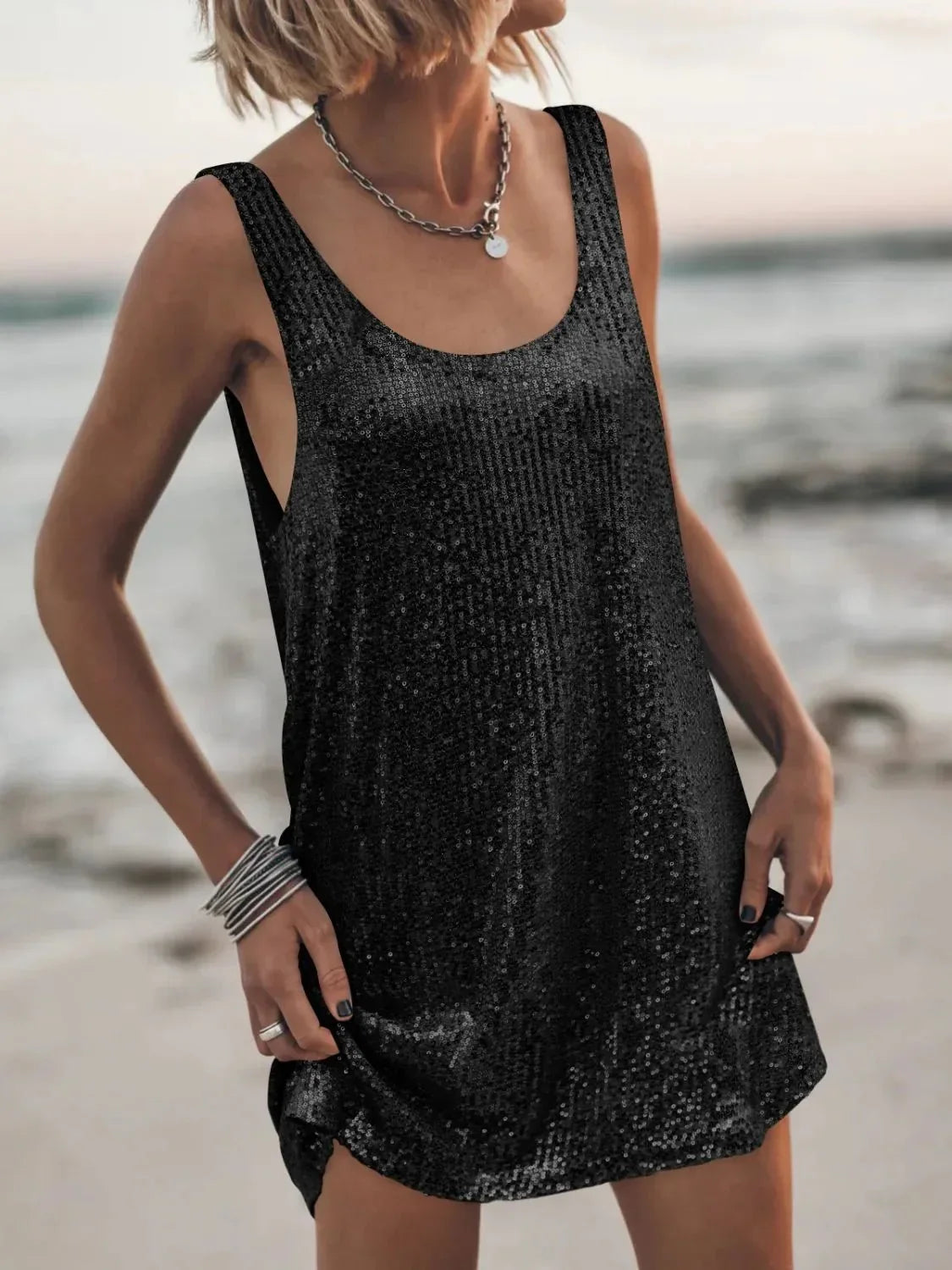 Sequin Scoop Neck Mini Dress - VILLA FASHION
