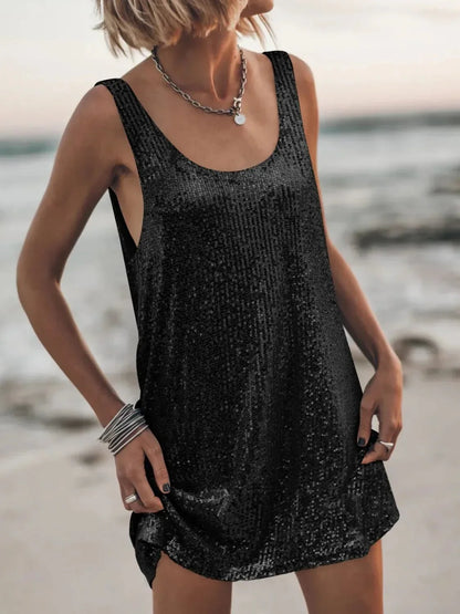Sequin Scoop Neck Mini Dress - VILLA FASHION