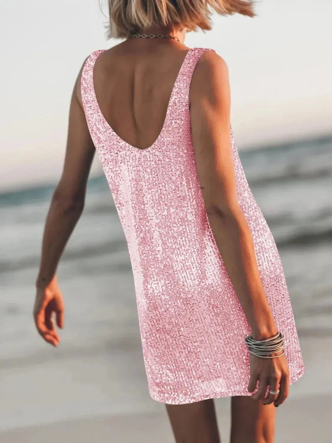 Sequin Scoop Neck Mini Dress - VILLA FASHION
