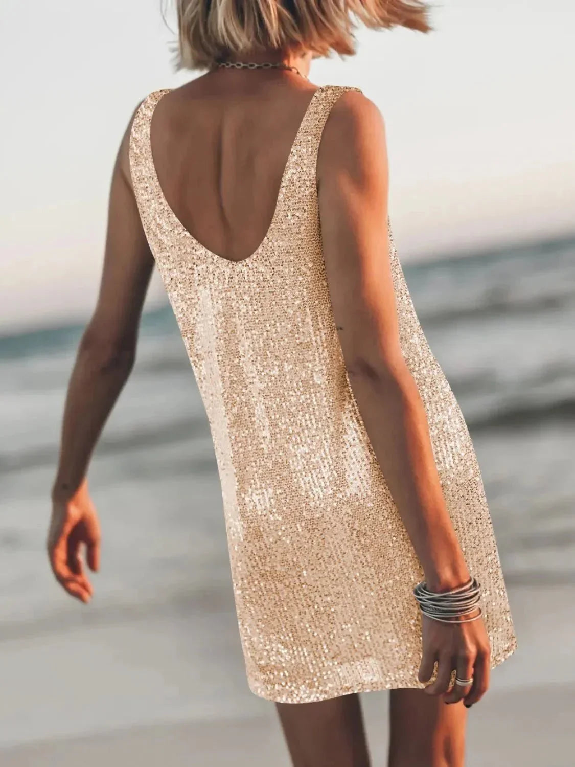 Sequin Scoop Neck Mini Dress - VILLA FASHION