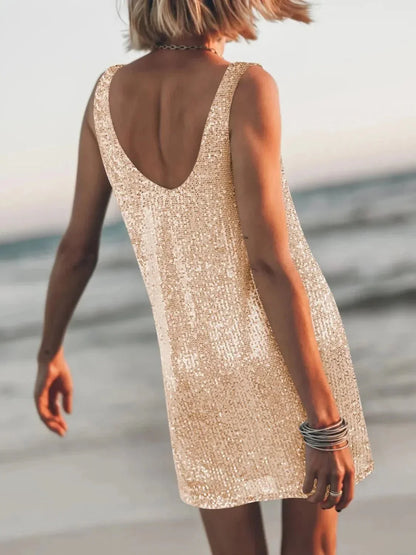 Sequin Scoop Neck Mini Dress - VILLA FASHION