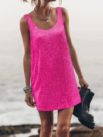 Sequin Scoop Neck Mini Dress - VILLA FASHION