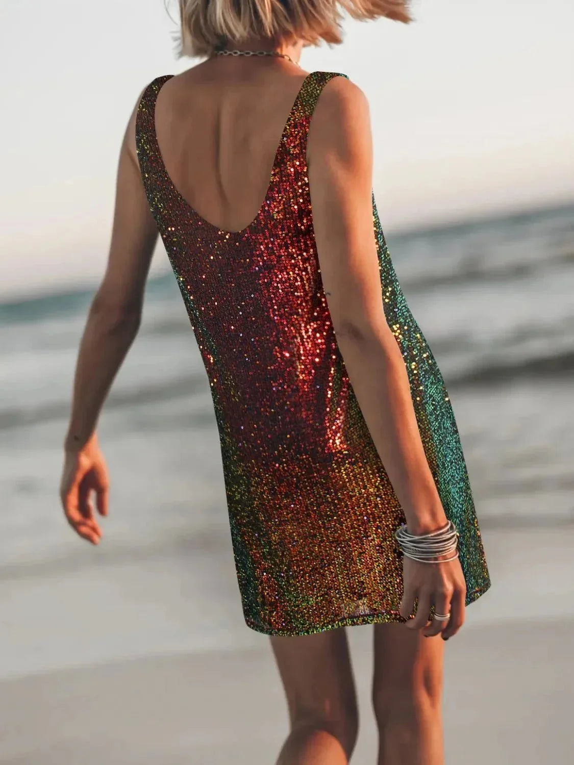 Sequin Scoop Neck Mini Dress - VILLA FASHION
