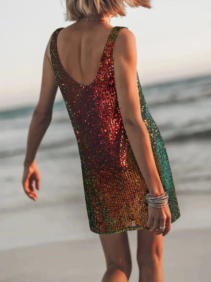 Sequin Scoop Neck Mini Dress - VILLA FASHION