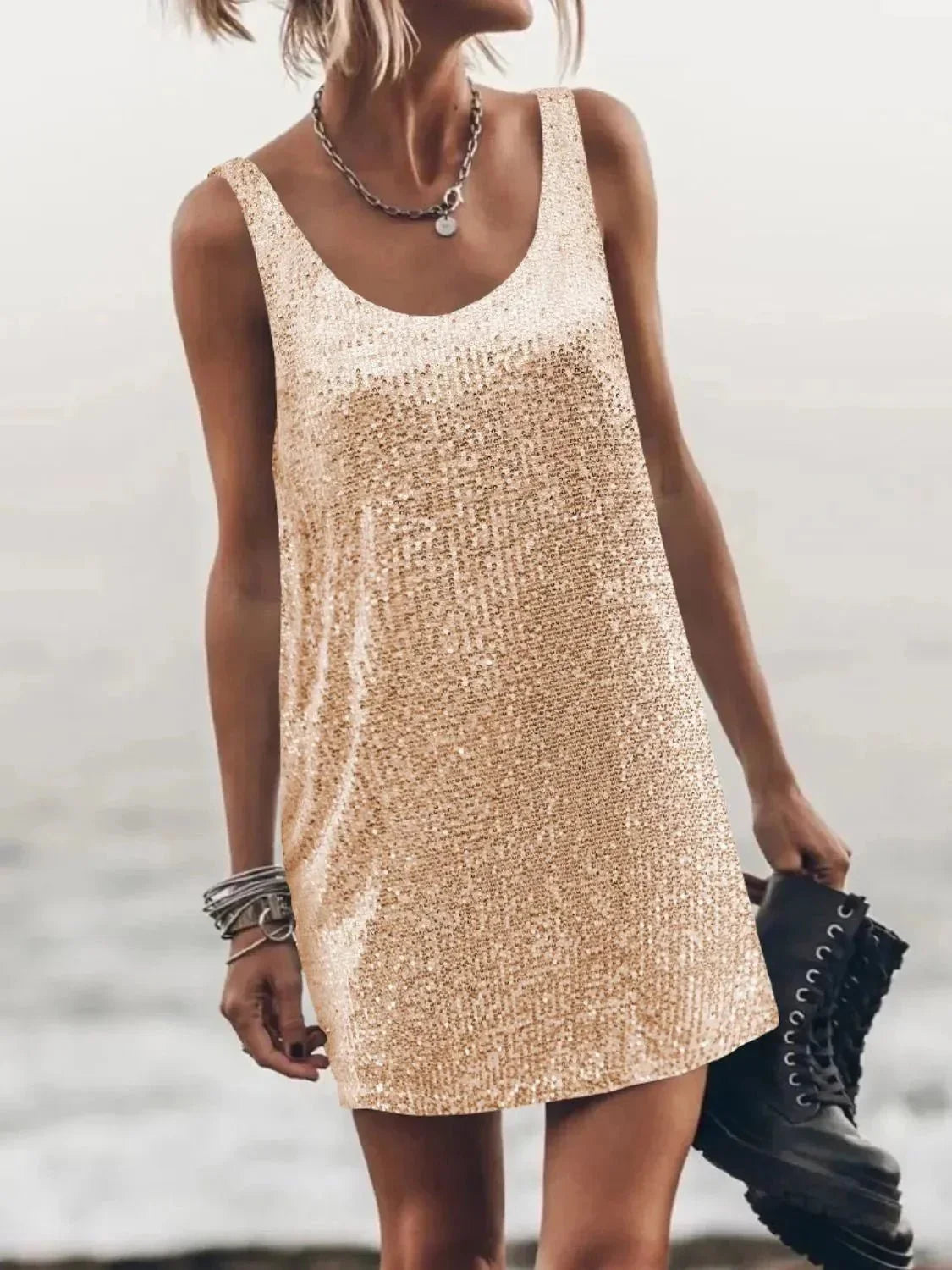 Sequin Scoop Neck Mini Dress - VILLA FASHION