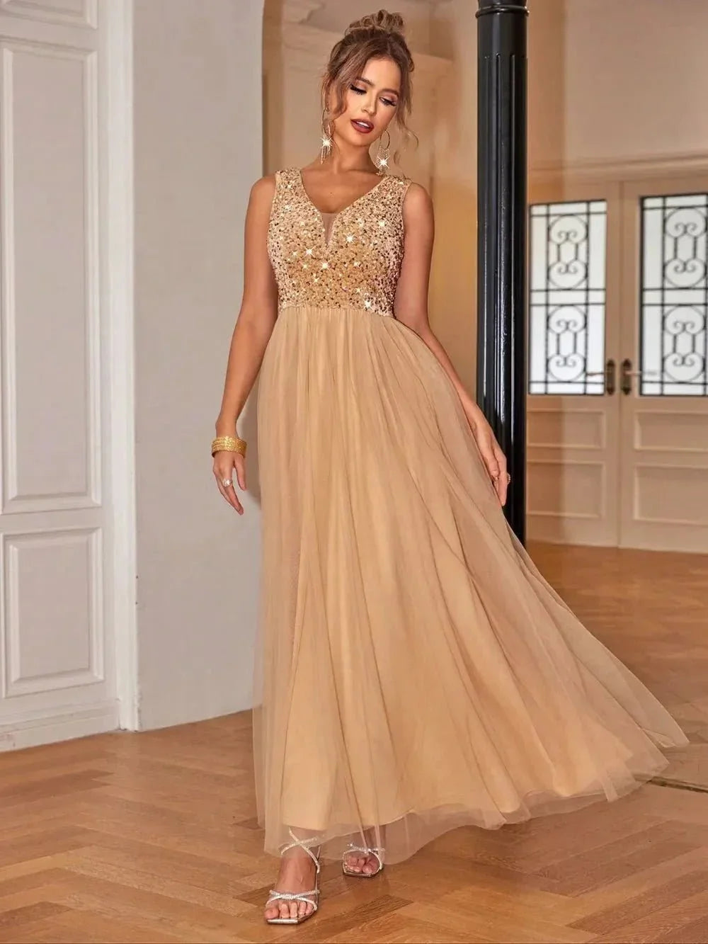 Sequin V - Neck Sleeveless Dress - VILLA FASHION