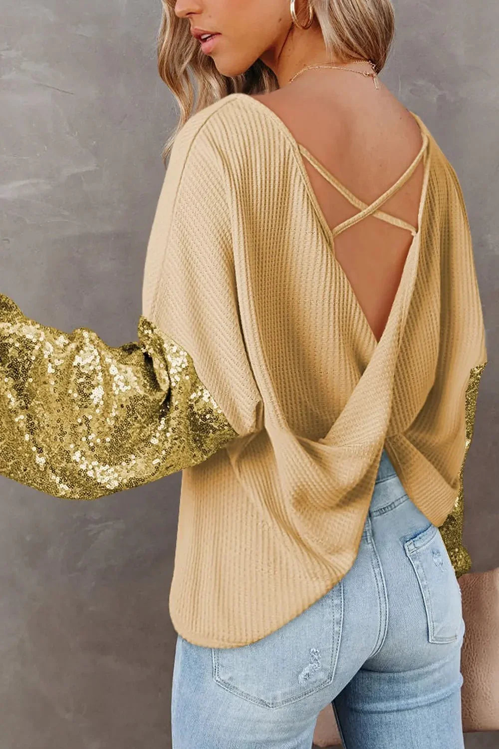 Sequin Waffle - Knit Blouse - VILLA FASHION