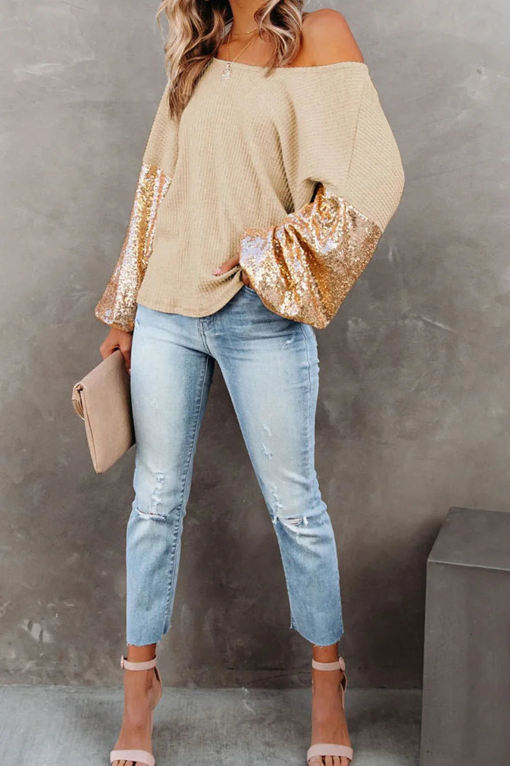 Sequin Waffle - Knit Blouse - VILLA FASHION