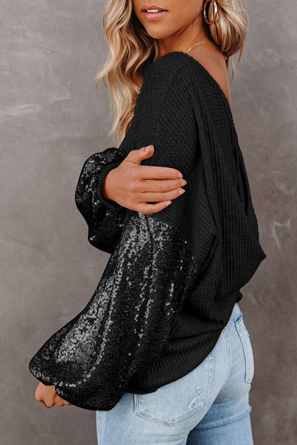 Sequin Waffle - Knit Blouse - VILLA FASHION