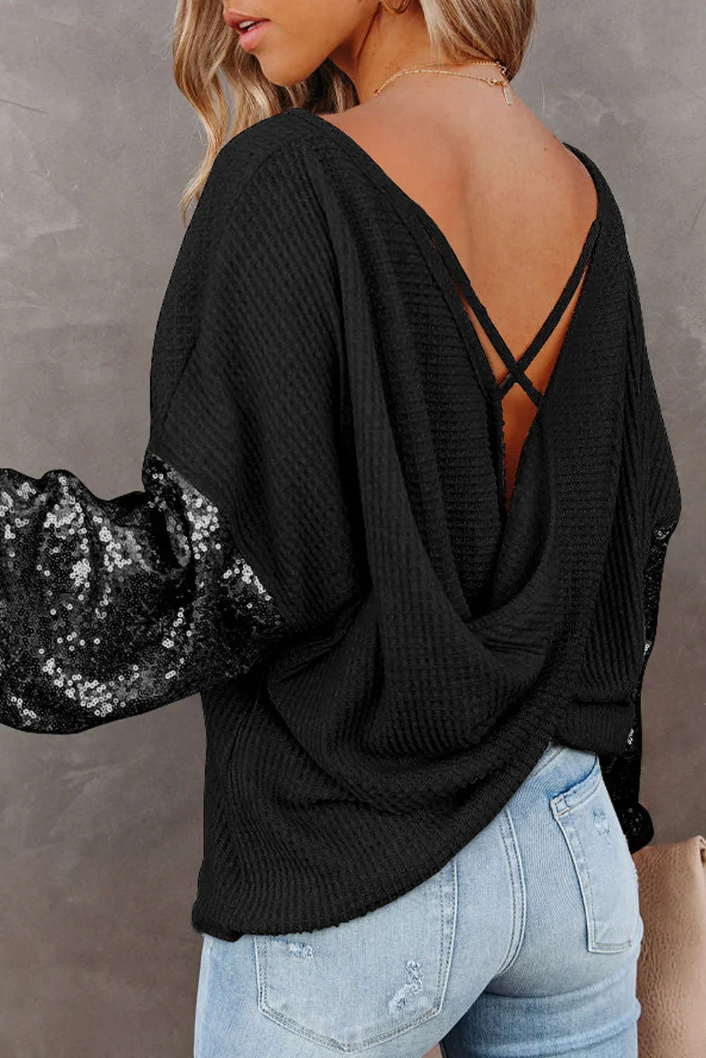Sequin Waffle - Knit Blouse - VILLA FASHION